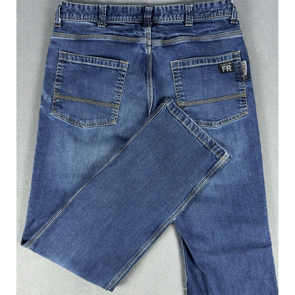 Wolverine FR Jeans Mens 34x34 Blue Distressed Straight Leg Workwear Mechanic